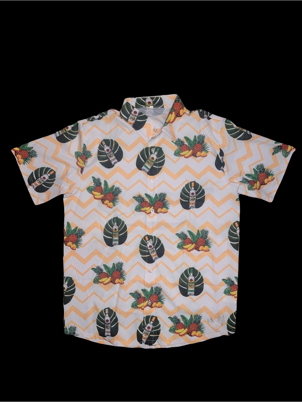 BACARDI Unisex Party Casual Tropical Pineapple Button-Down Shirt - White/Yellow
